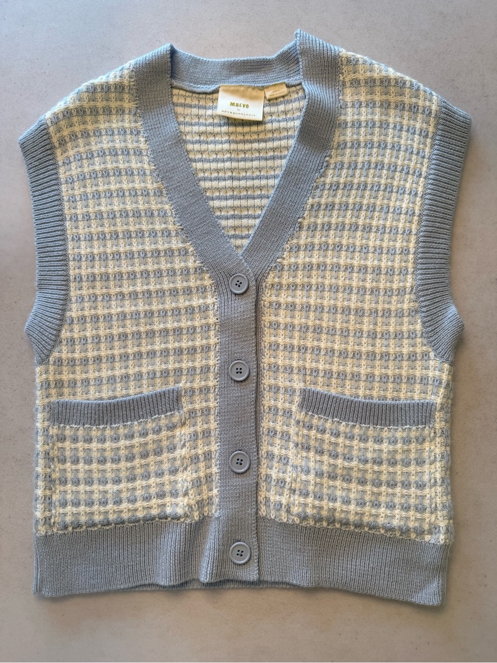 Maeve Anthropologie Blue & White Textured Knit Button Front Sweater Vest S